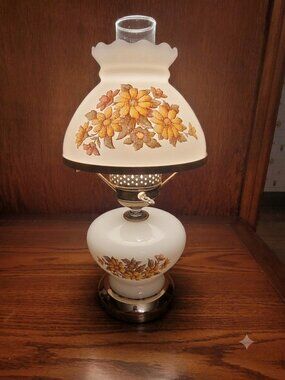 1970s Milk Glass Hurricane Lamp - Yellow & Orange Daisies - Working